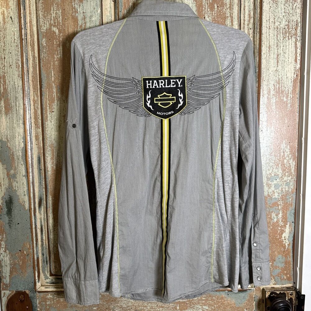 Harley Davidson Pearl Snap Shirt Women's Medium Western Embroidered Grey Biker